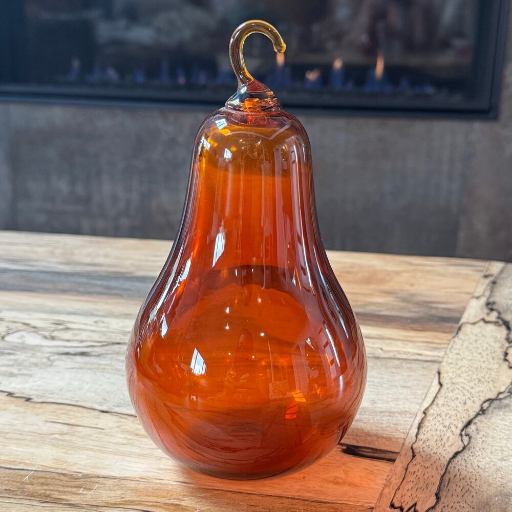 Oversized 8 Inch Mid Century Amber Glass Pear, Hand Blown MCM Art Glass Decor